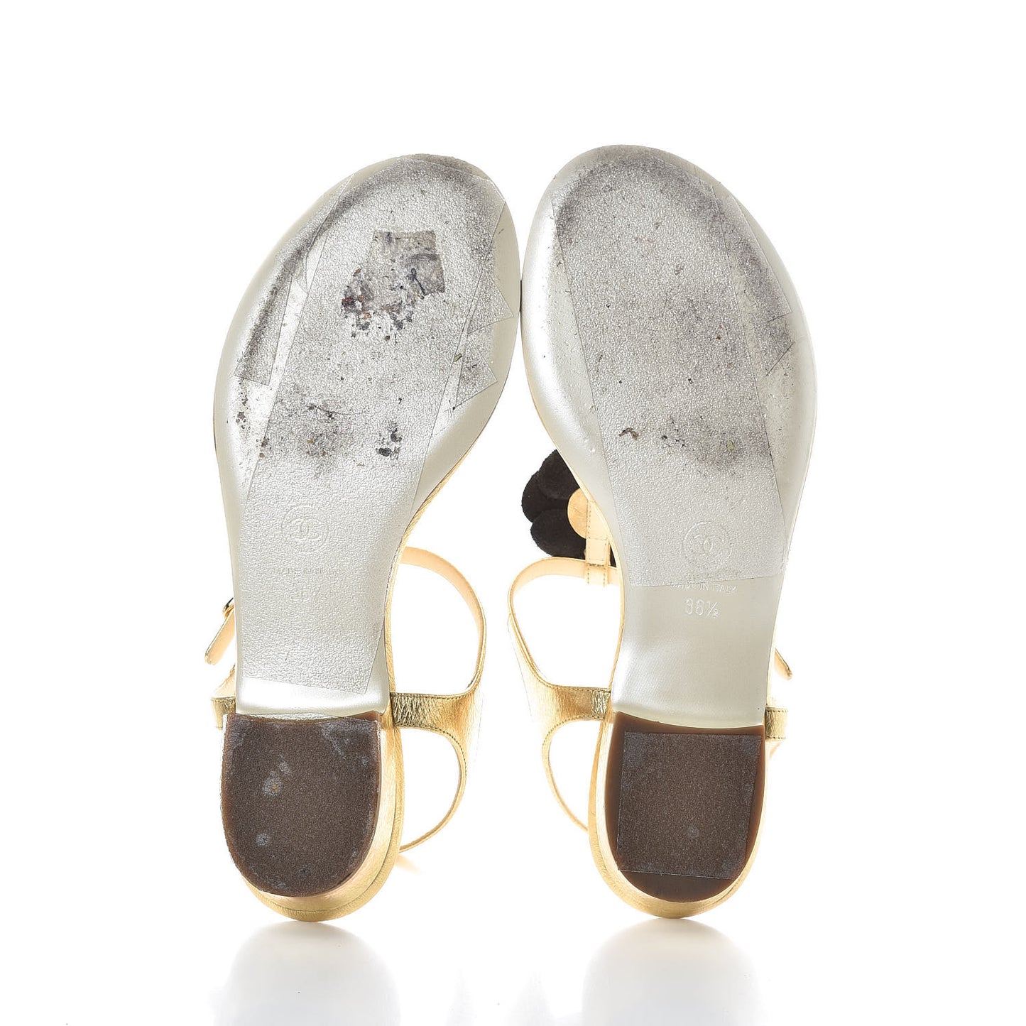 Crackled Calfskin Camellia Pearl Thong Sandals 36.5 Gold