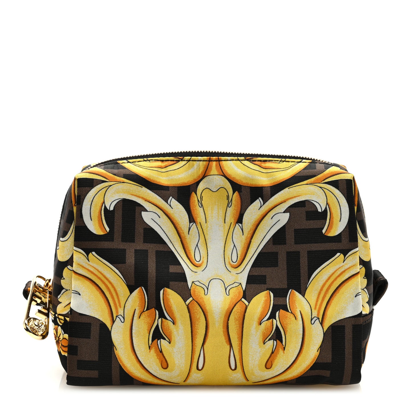 X VERSACE Nylon Fendace FF Baroque Print Small Trapezoid Beauty Pouch Gold