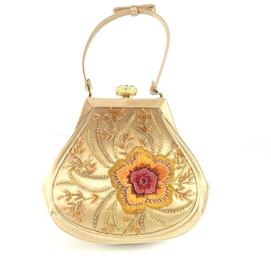 Satin Beaded Flower Evening Bag Gold