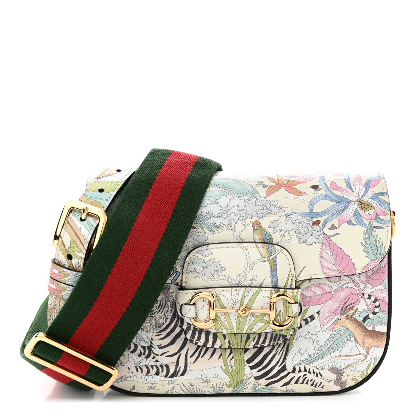 New Shangai Calfskin Tiger Savanah Web Mini Horsebit 1955 Shoulder Bag Chalky White Multicolor
