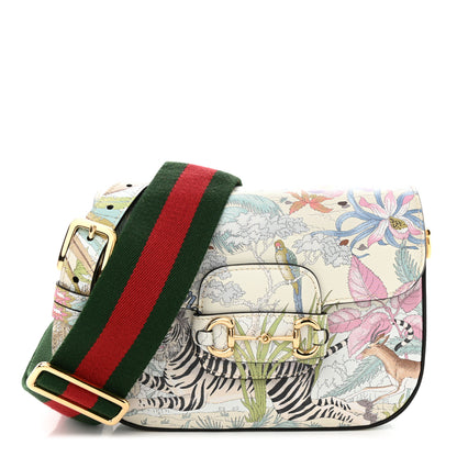 Gucci New Shangai Calfskin Tiger Savanah Web Mini Horsebit 1955 Shoulder Bag Chalky White Multicolor 1 of 13