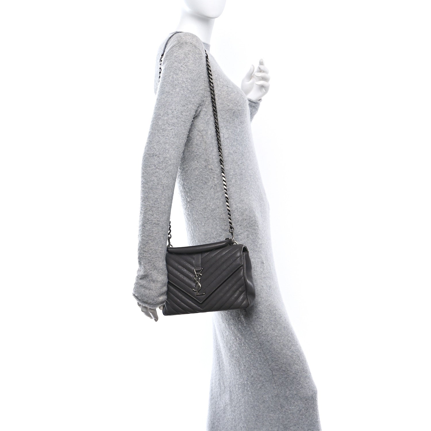 Saint Laurent Sheepskin Matelasse Chevron Monogram Medium College Bag Asphalt 2 of 11