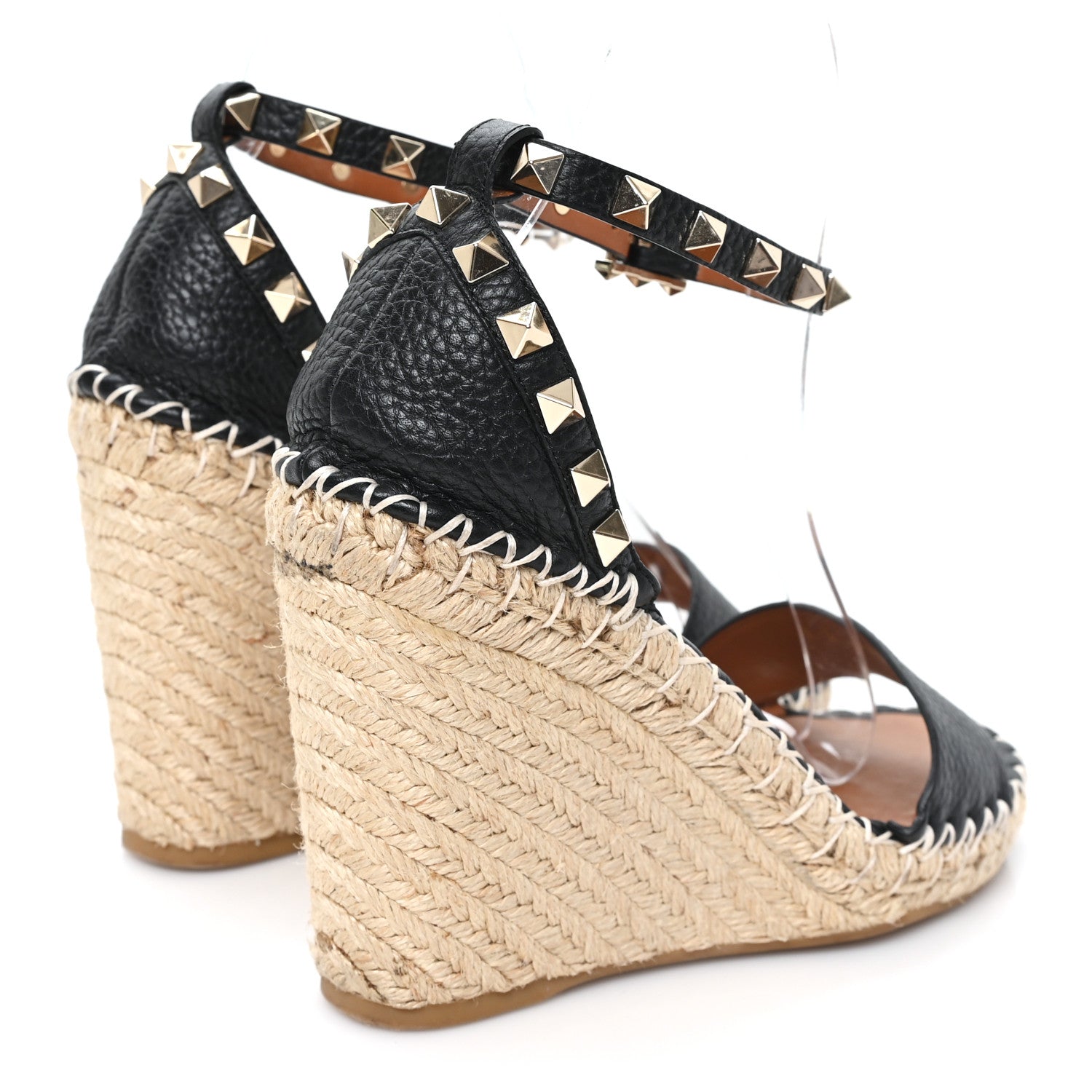Valentino Garavani Grained Calfskin Rockstud Ankle Wrap Espadrille 15/85mm Wedges 35 Black Light Cuir 5 of 9
