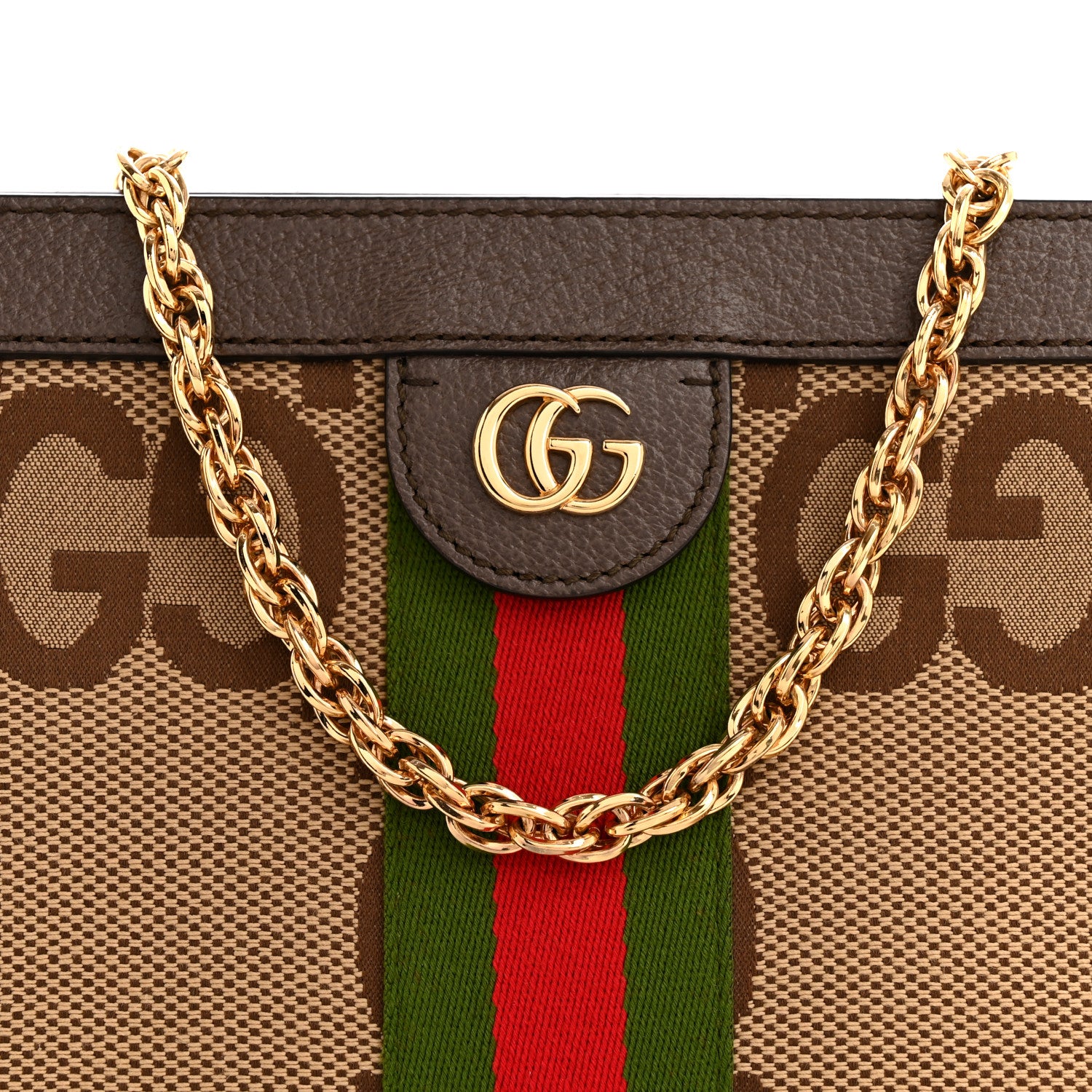 Gucci Monogram Jumbo GG Textured Dollar Calfskin Web Small Ophidia Chain Shoulder Bag Camel Ebony New Acero 8 of 12