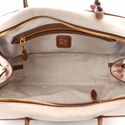 Miu Miu Canvas Calfskin Top Handle Bag Beige Brandy 5 of 10