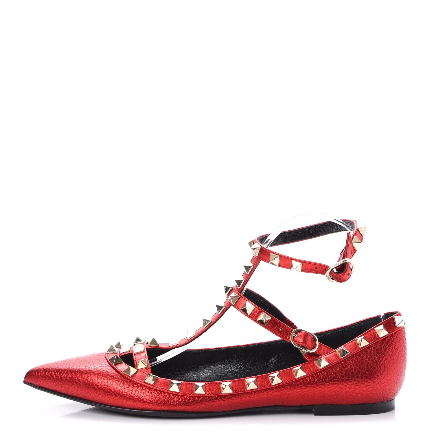 Valentino Garavani Metallic Pebbled Calfskin Rockstud Cage Ballerina Flats 38.5 Rosso Valentino 1 of 8