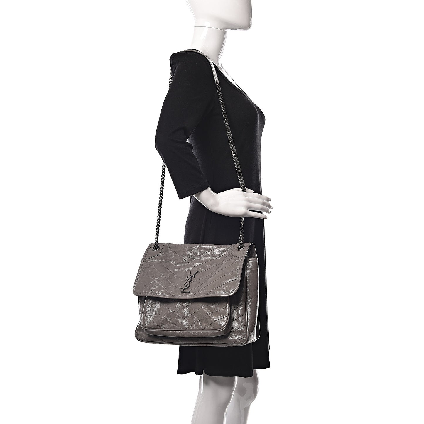 Crinkled Calfskin Matelasse Monogram Large Niki Chain Satchel Fog