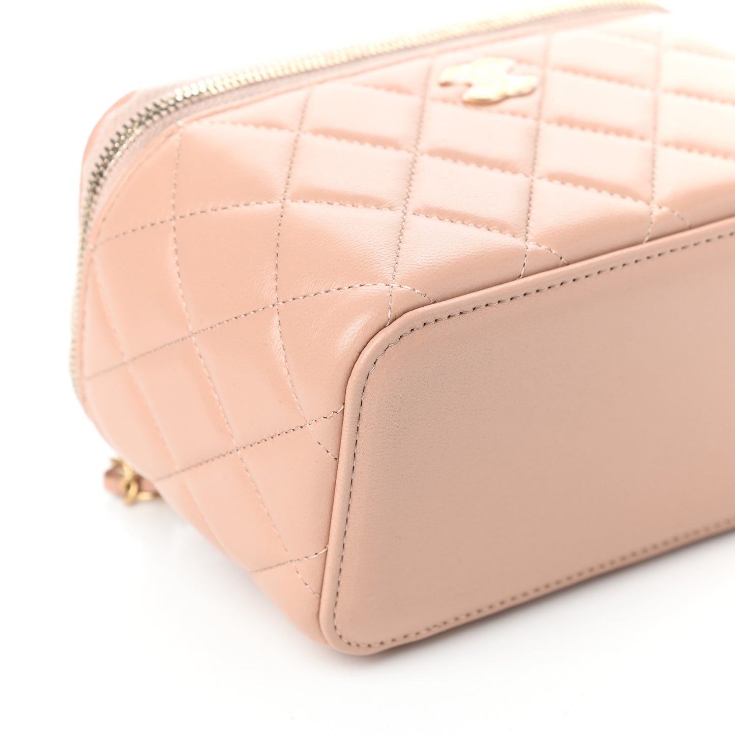 Lambskin Quilted Small Top Handle Vanity Case With Chain Beige