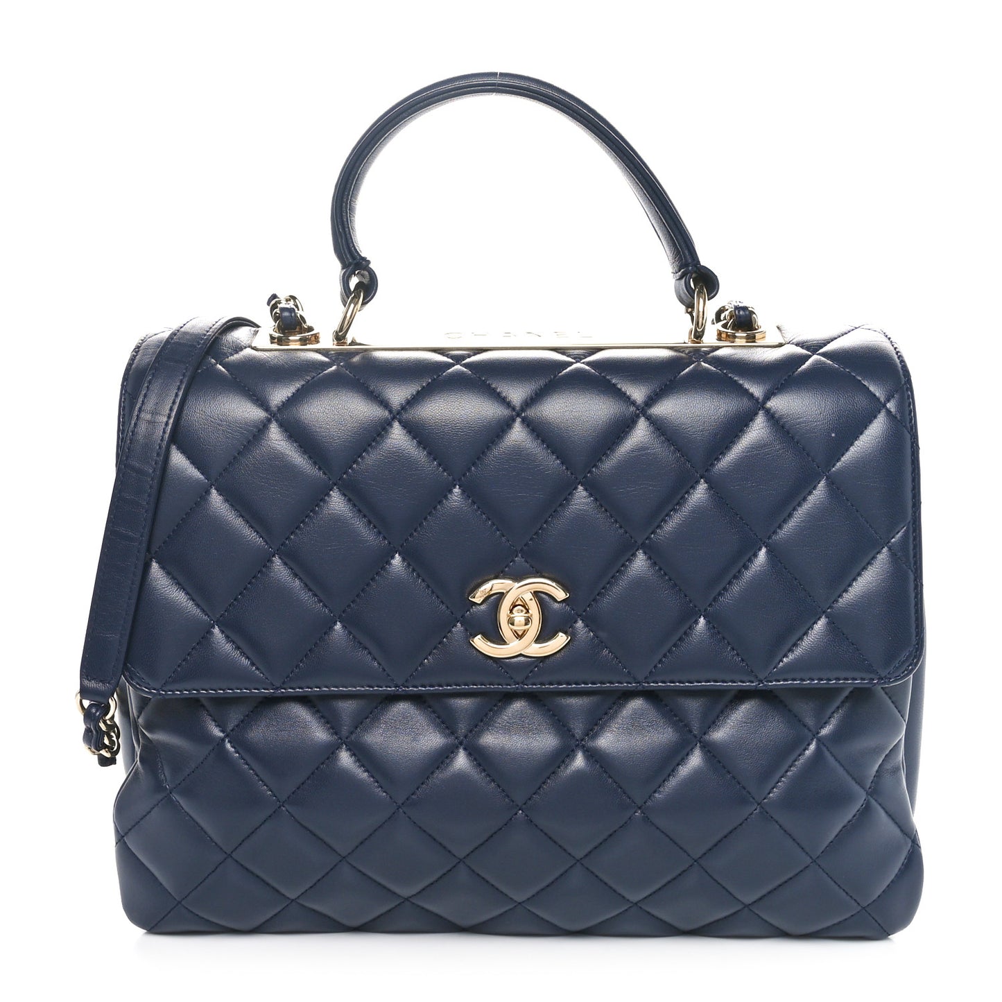 Lambskin Quilted Large Trendy CC Flap Dual Handle Bag Navy Blue