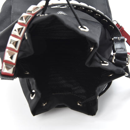 Prada Tessuto Nylon Studded New Vela Mini Bucket Crossbody Bag Black Fuoco 4 of 10