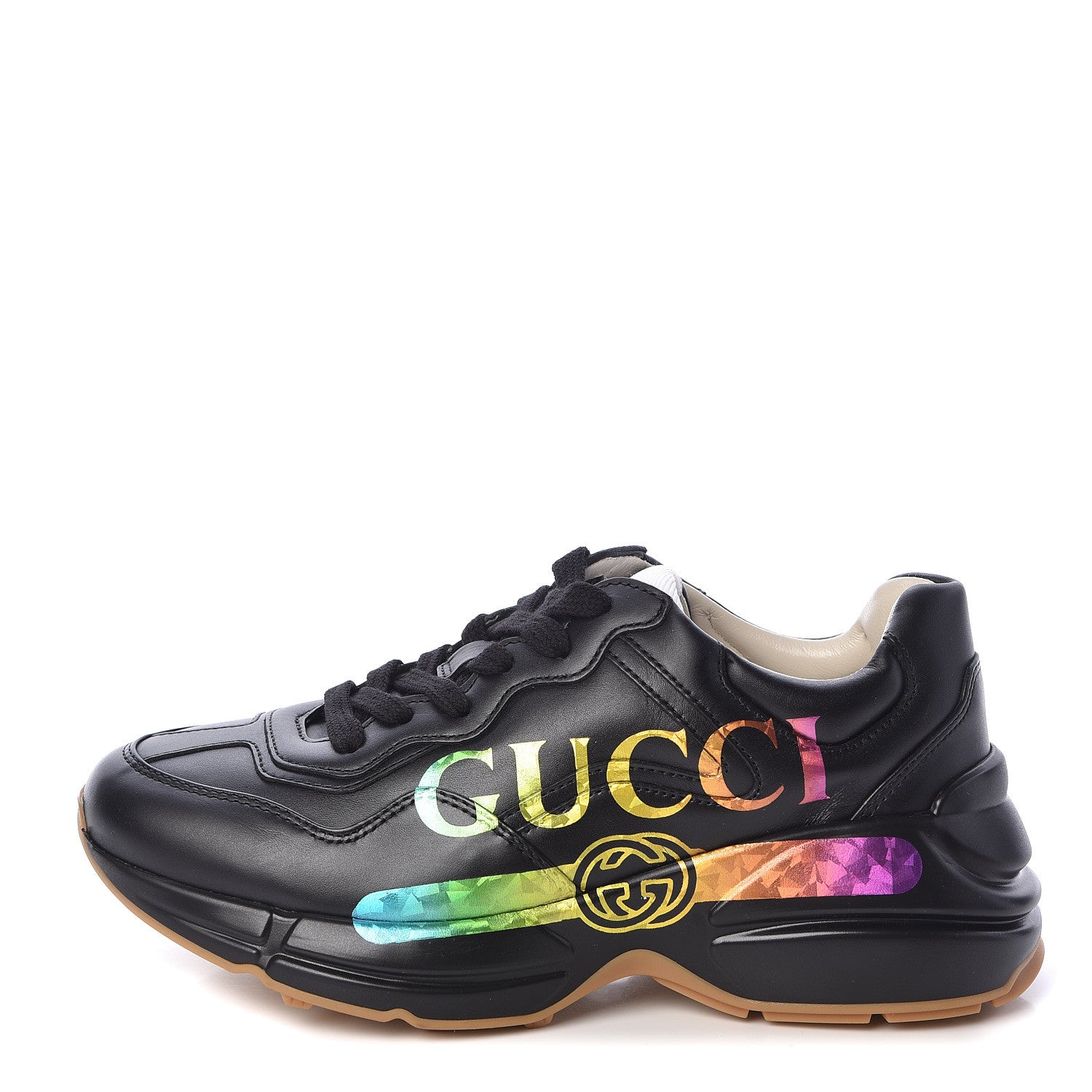 Gucci Calfskin Iridescent Logo Womens Rhyton Sneakers 35.5 Black 1 of 8