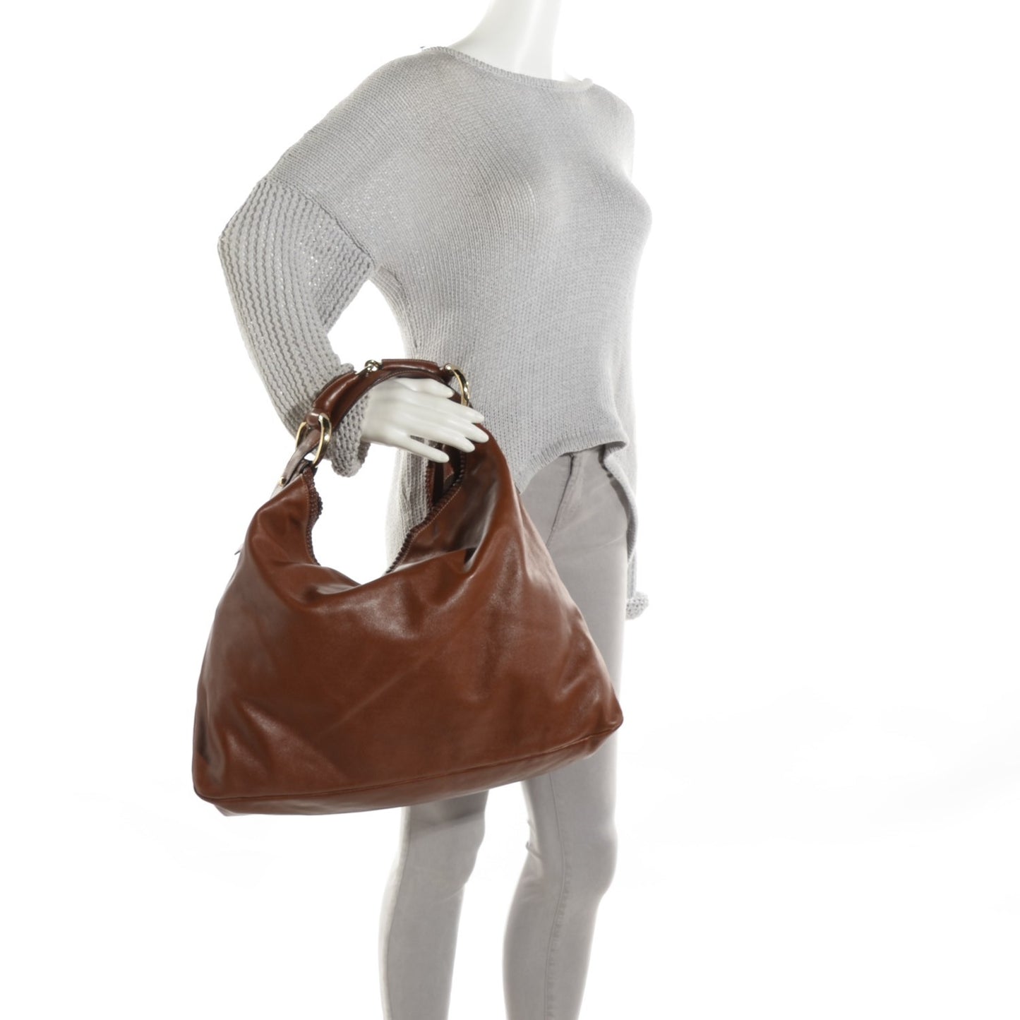 Calfskin Large Horsebit Chain Hobo Brown