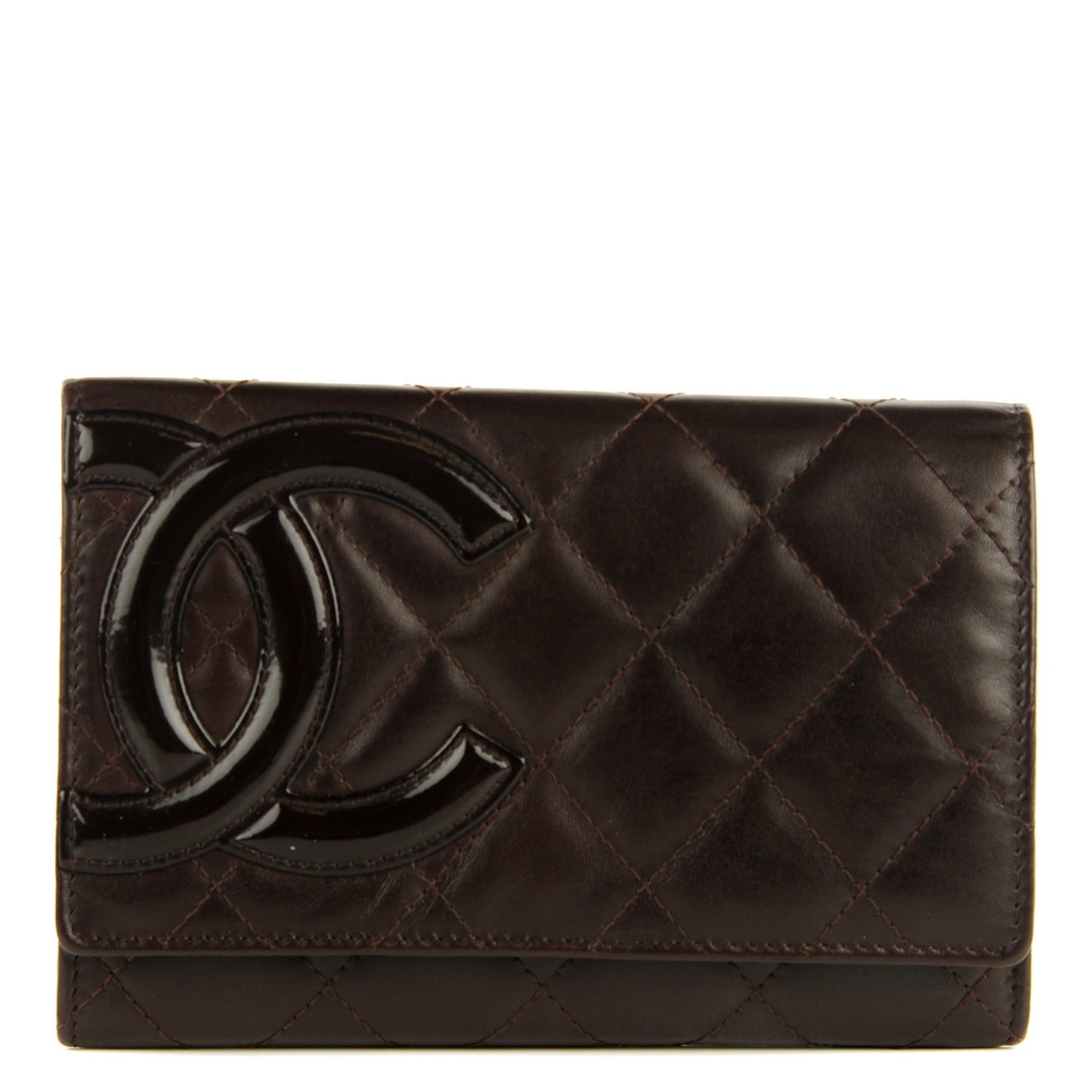Calfskin Quilted Cambon Quilted Flap Wallet Dark Brown