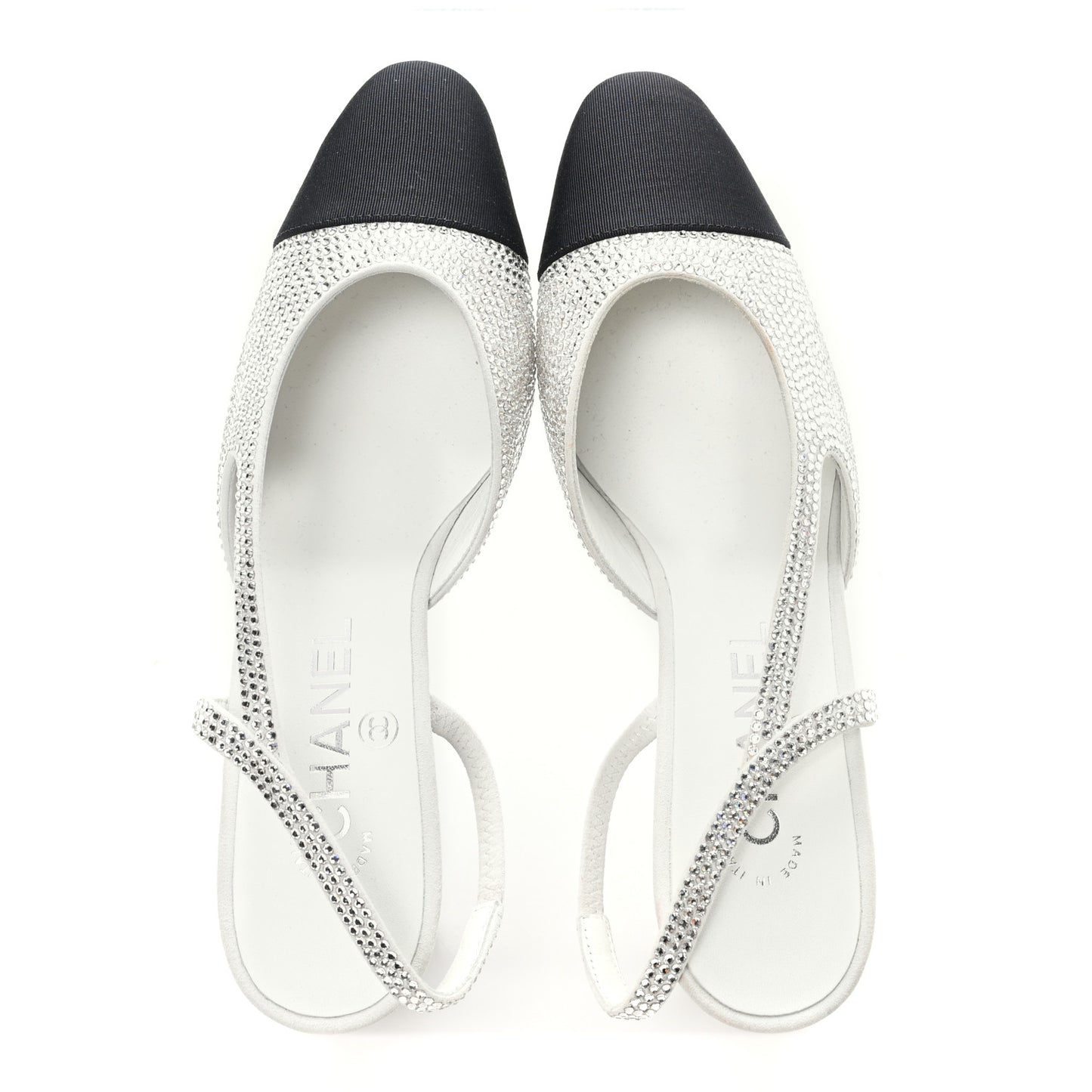 Strass Grosgrain Cap Toe CC Slingback Pumps 36 Silver Black