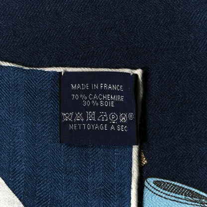 Hermes Cashmere Silk Chevaux Dechaines Shawl 140 Marine Fonce White Noisette 3 of 6