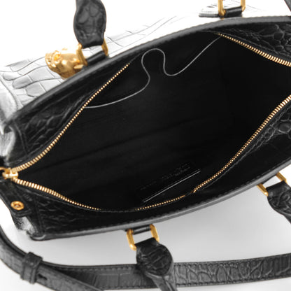 Alexander McQueen Calfskin Crocodile Embossed Small Skull Padlock Zip Around Tote Black 5 of 8