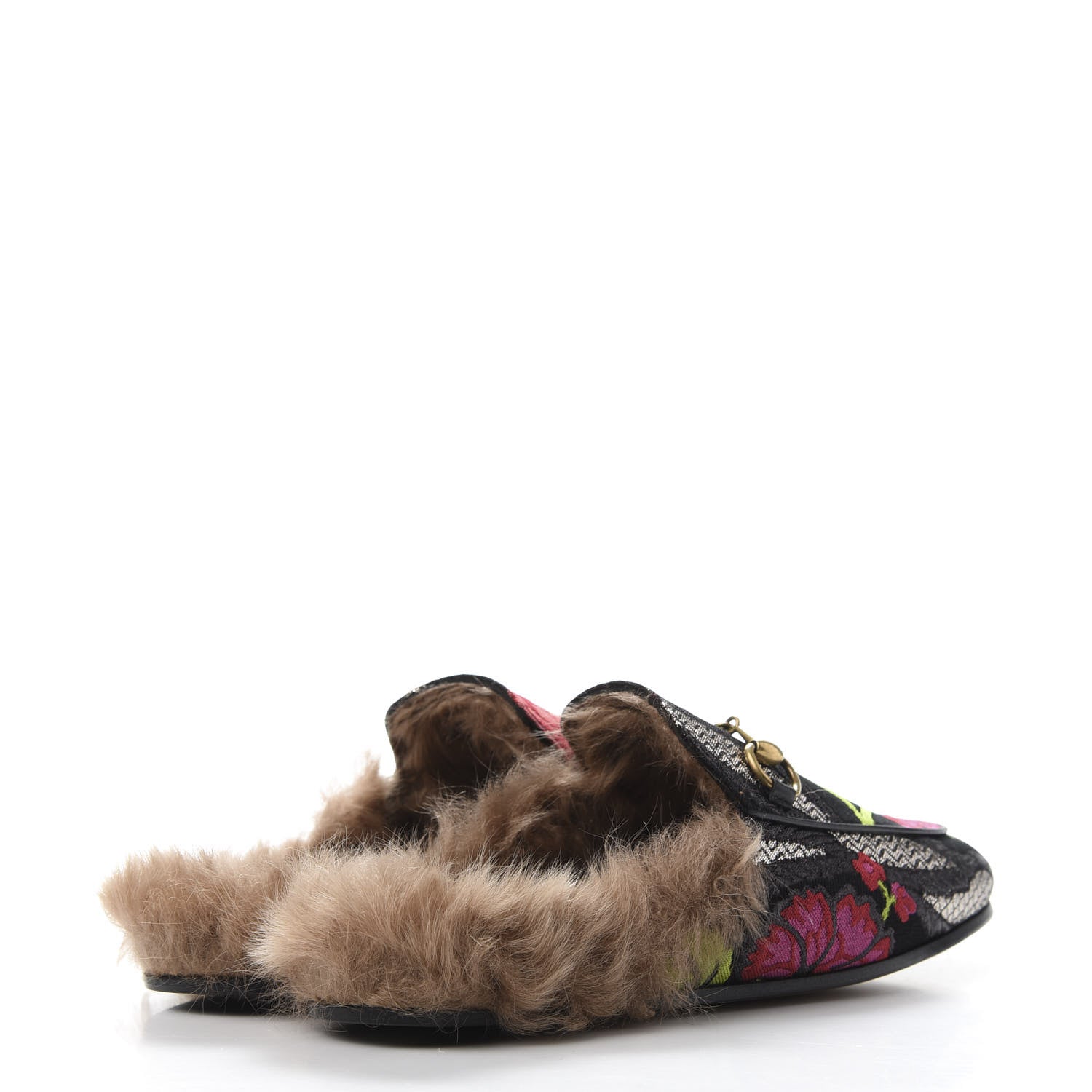 Gucci Brocade Fur Floral Womens Princetown Slippers 35.5 Black Anthracite 4 of 9