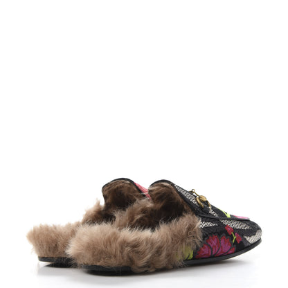 Gucci Brocade Fur Floral Womens Princetown Slippers 35.5 Black Anthracite 4 of 9
