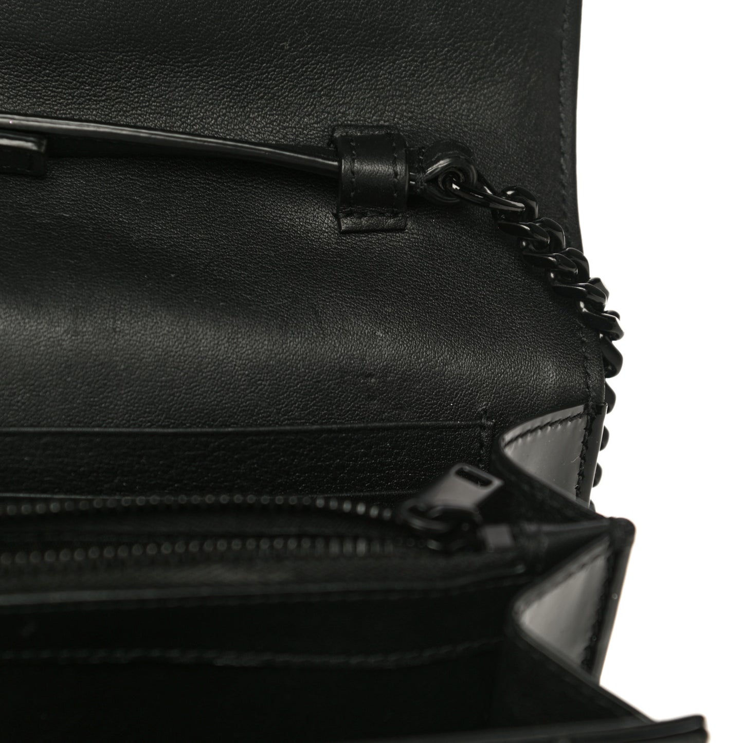Patent Matelasse Chevron Monogram Chain Wallet Black