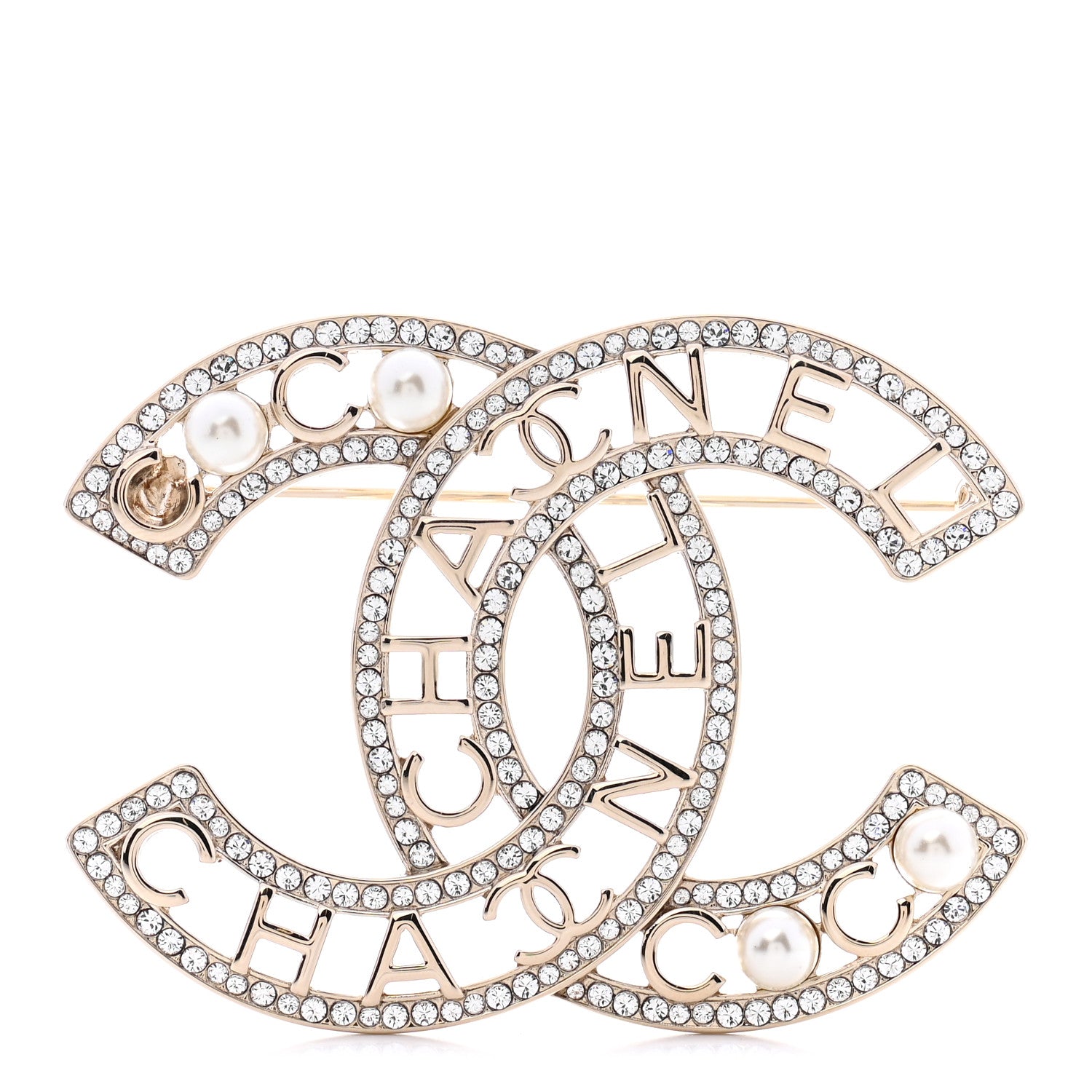 Chanel Crystal Pearl Coco CC Logo Brooch Gold 1 of 4
