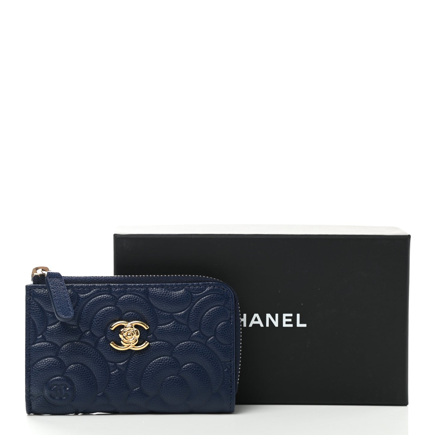 Caviar Camellia Embossed Key Holder Case Navy