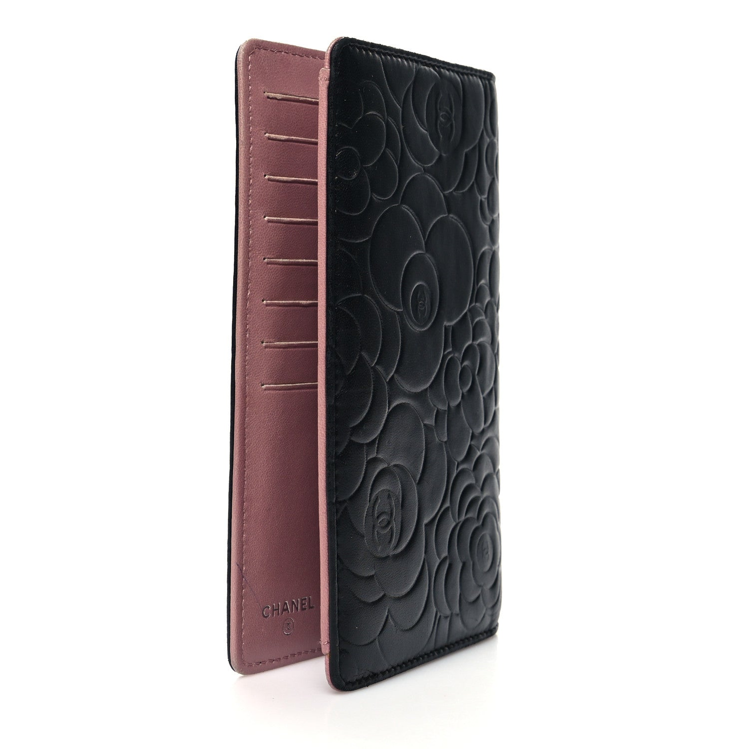 Chanel Lambskin Camellia Embossed Yen Wallet Black 3 of 10