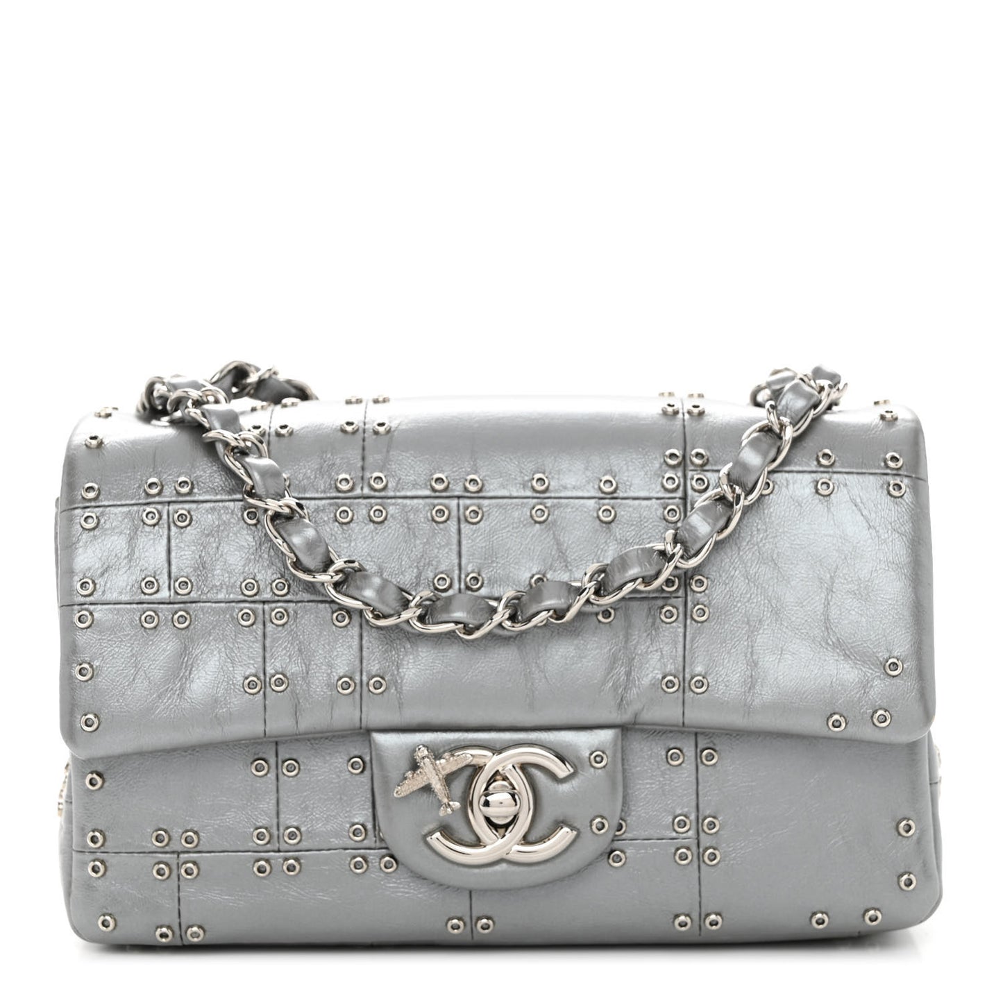 Glazed Calfskin Grommet Embellished Mini Airline Rectangular Flap Silver