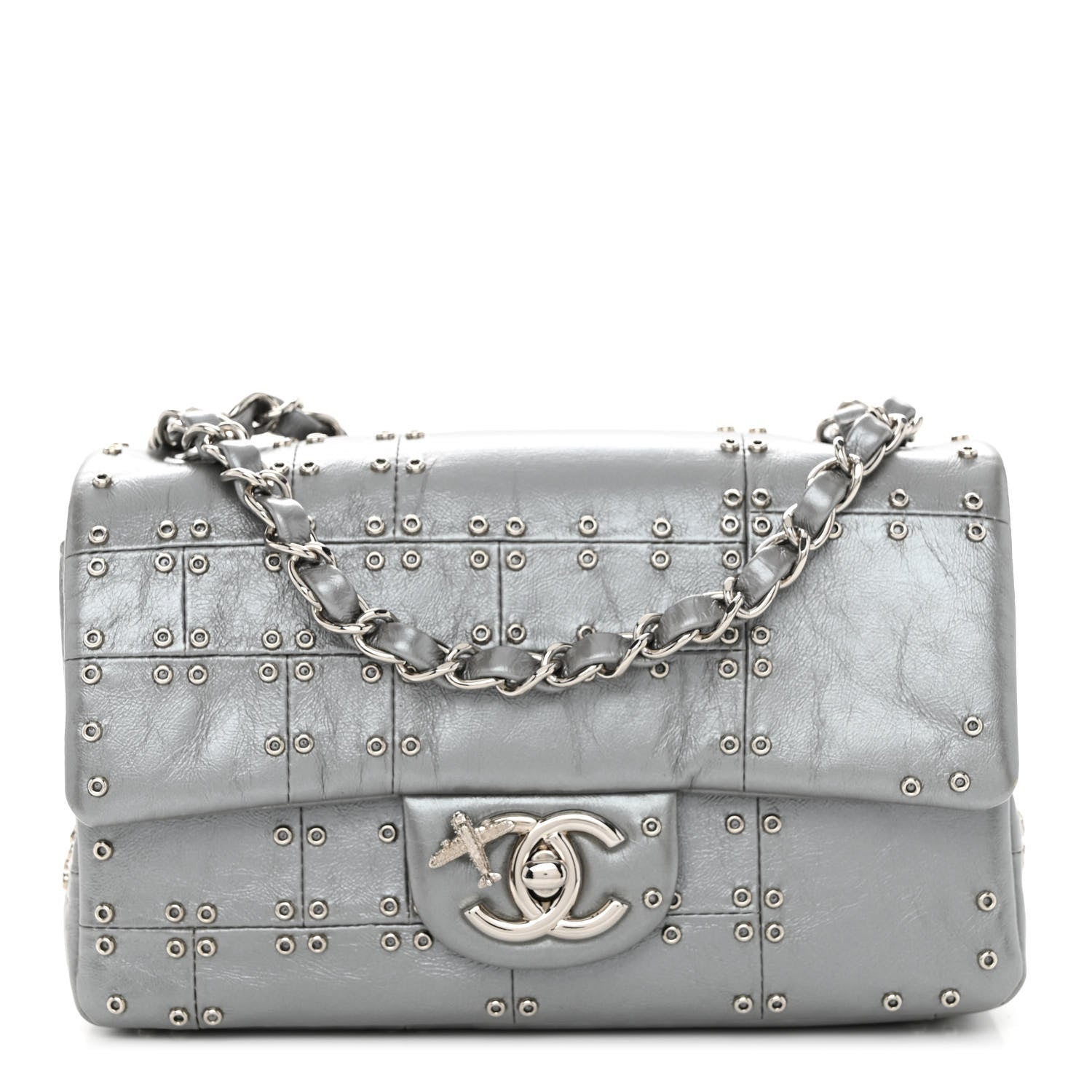 Chanel Glazed Calfskin Grommet Embellished Mini Airline Rectangular Flap Silver 1 of 10