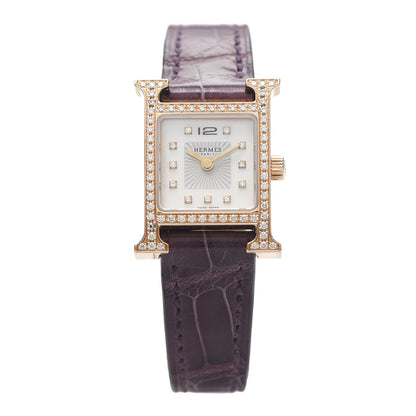 Hermes 18K Rose Gold Alligator Diamond Bezel Mother of Pearl 17.2mm Heure H Hour Quartz Watch Amethyst 1 of 8