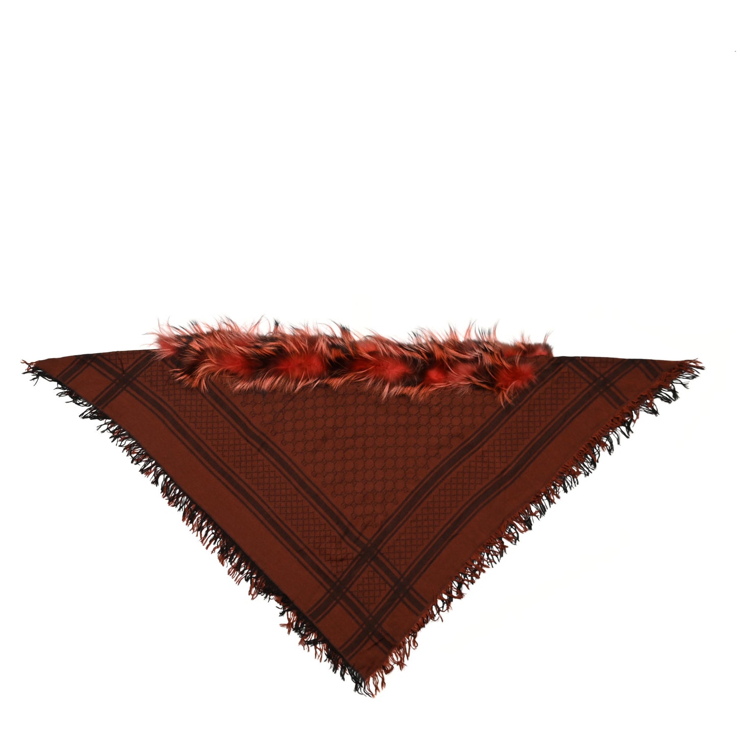 Wool Silk Fox Fur Monogram Shawl Scarf Orange Brown