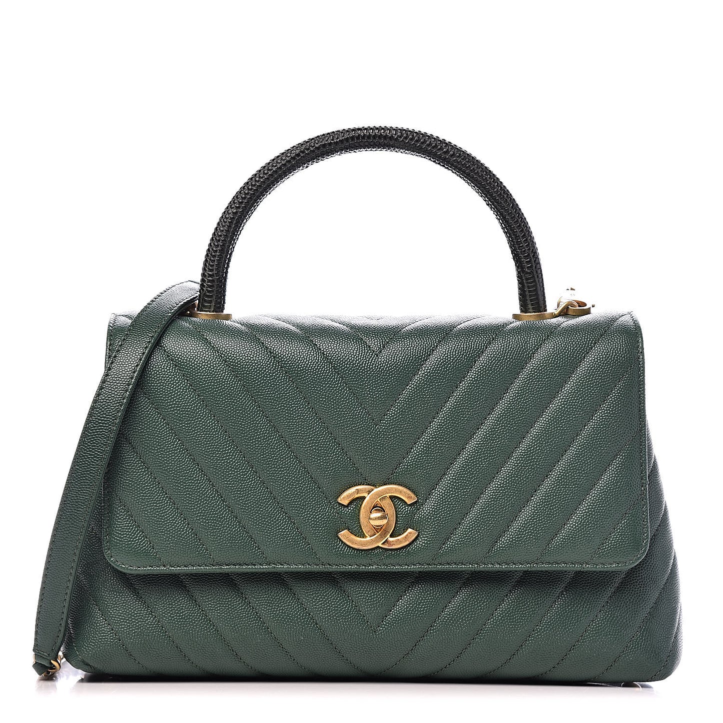Caviar Lizard Chevron Quilted Small Coco Handle Flap Green