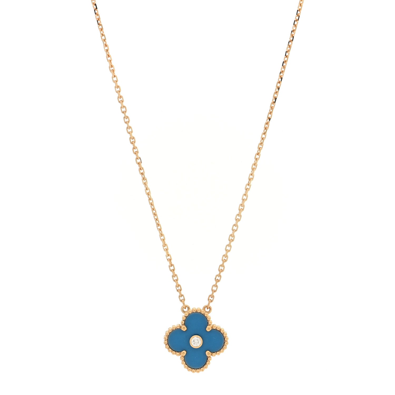 Van Cleef & Arpels 18K Yellow Gold Diamond Celestial Blue Sevres Porcelain Vintage Alhambra Pendant Necklace 1 of 4