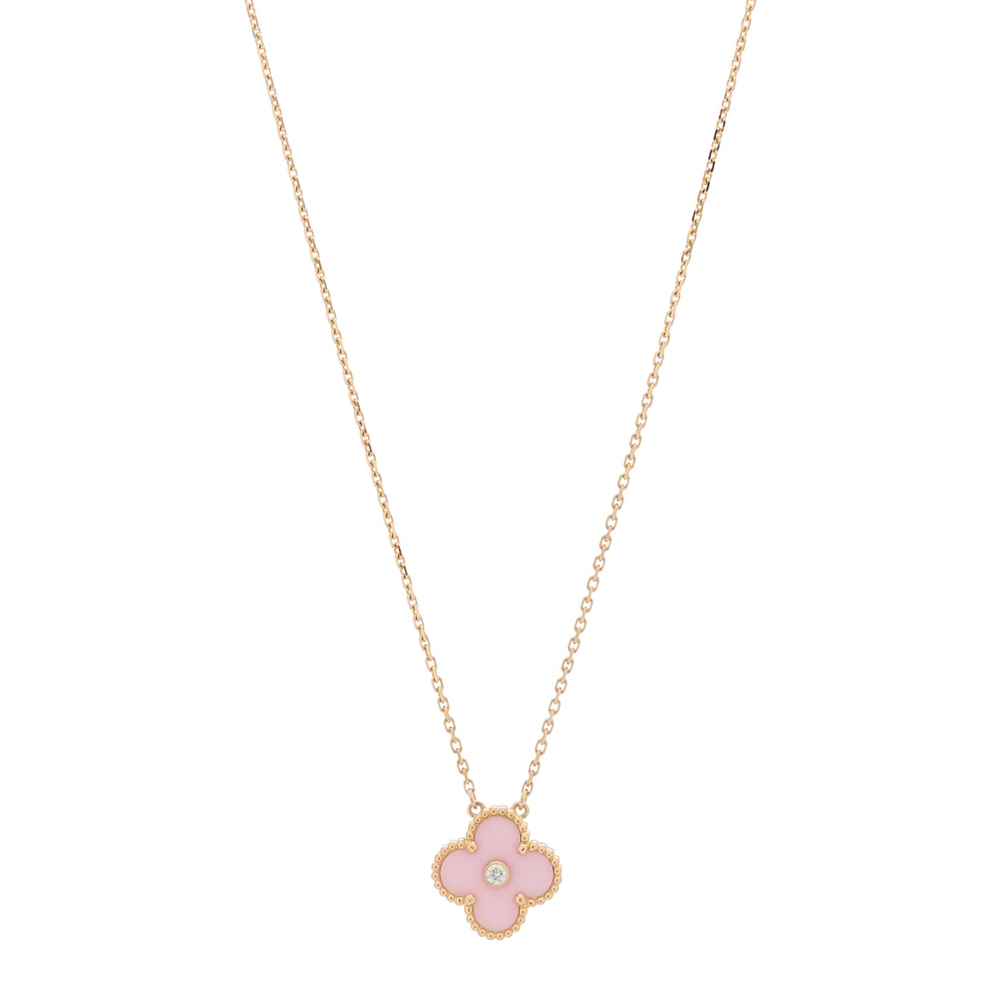 18K Rose Gold Diamond Pink Porcelain Vintage Alhambra Pendant Necklace