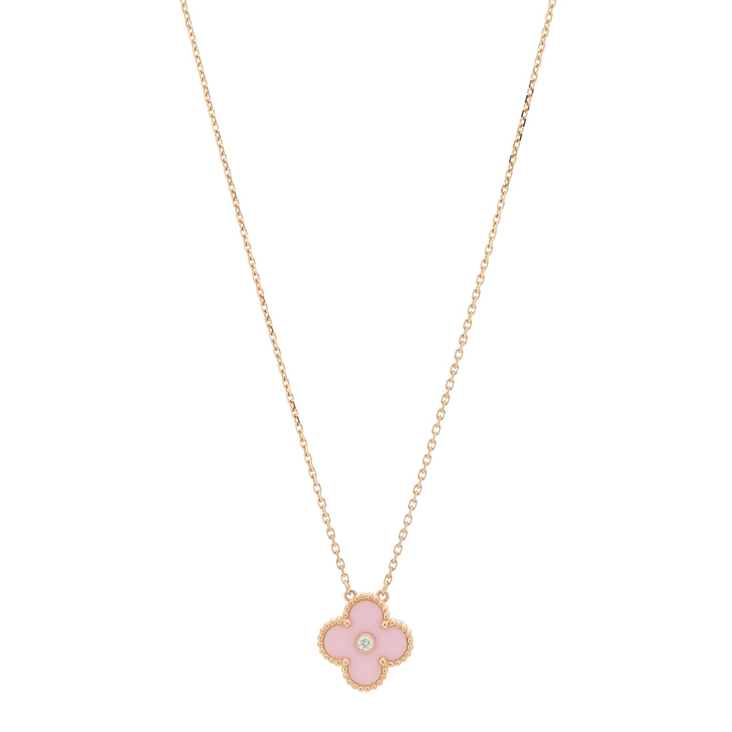 Van Cleef & Arpels 18K Rose Gold Diamond Pink Porcelain Vintage Alhambra Pendant Necklace 1 of 6