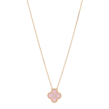 Van Cleef & Arpels 18K Rose Gold Diamond Pink Porcelain Vintage Alhambra Pendant Necklace 1 of 6