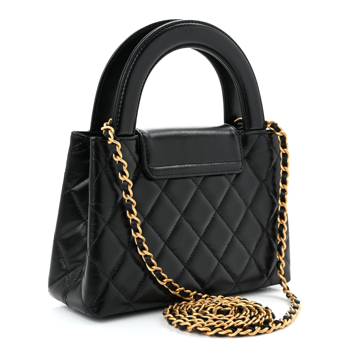Shiny Aged Calfskin Quilted Nano Kelly Shopper Black Black