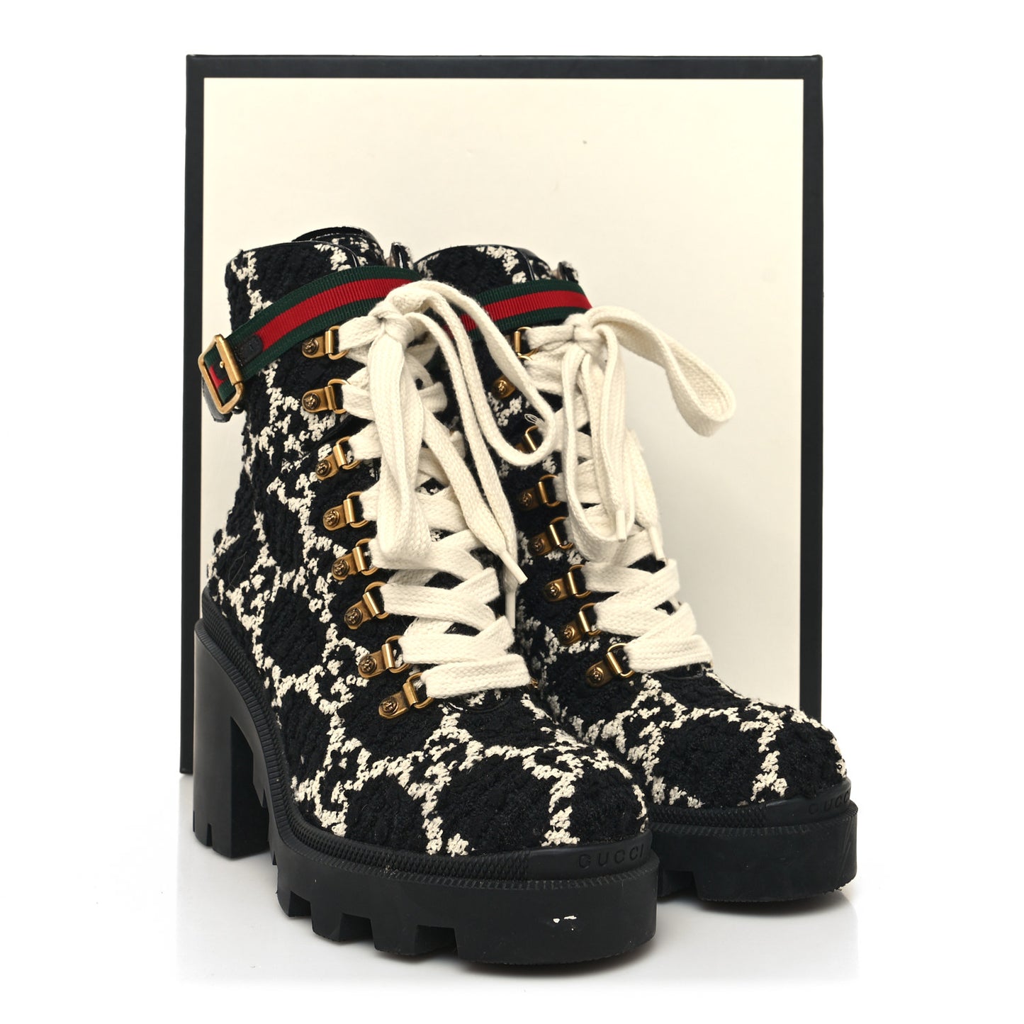Tweed GG Monogram Lace Up Combat Ankle Boots 38.5 Black