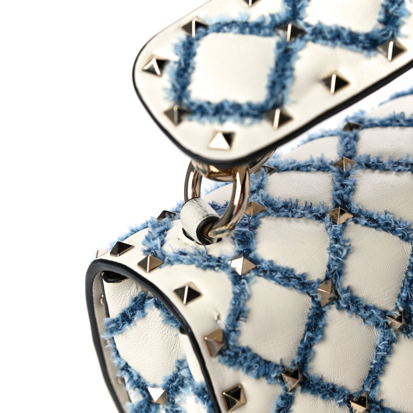 Nappa Denim Medium Rockstud Spike Halfmoon Saddle Bag Ivory Blue