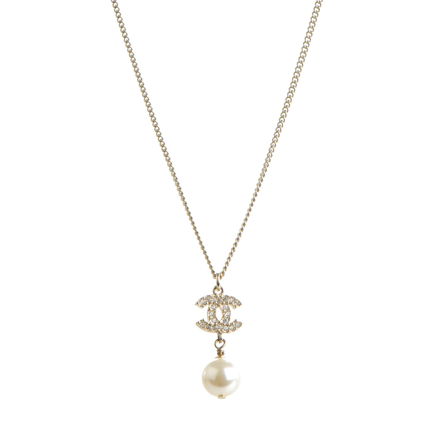 Pearl Crystal CC Pendant Necklace Light Gold