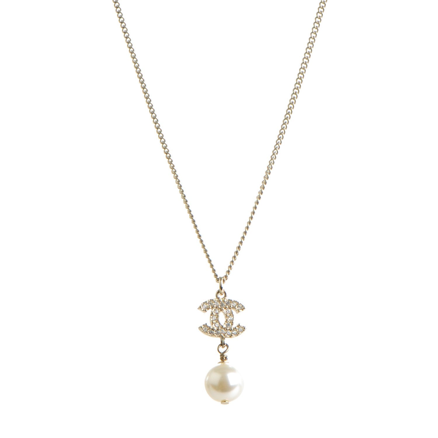 Chanel Pearl Crystal CC Pendant Necklace Light Gold 1 of 5