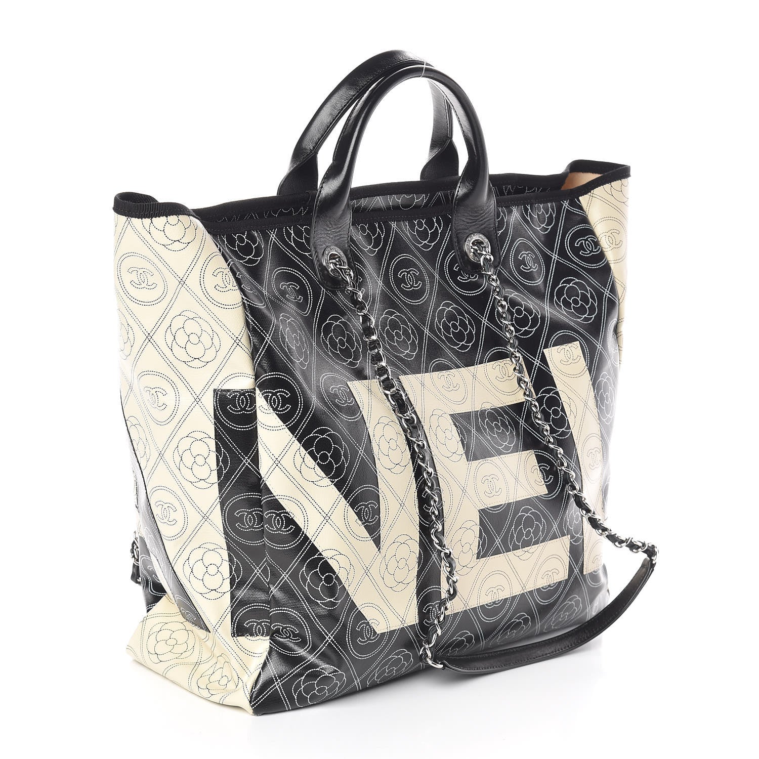 Chanel Coated Canvas Camellia Medium Shopping Tote Black Beige 3 of 11