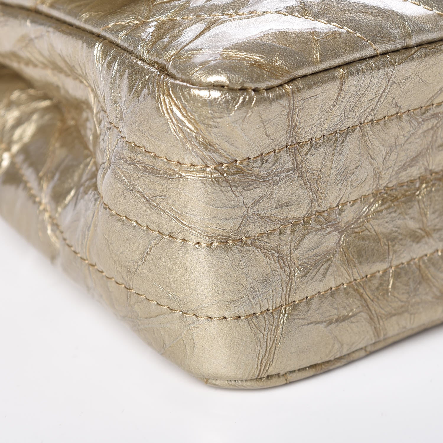 Chanel Metallic Patent Crumpled Calfskin Chevron Quilted Medium Double Flap Gold 8 of 12