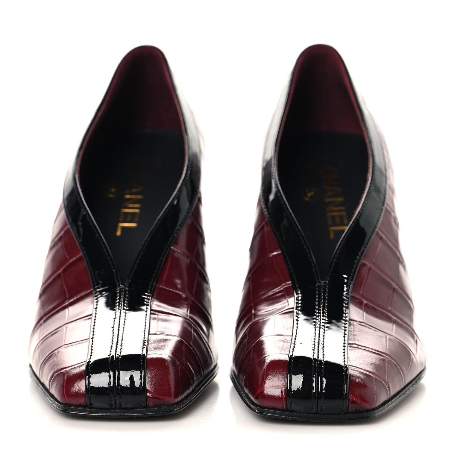 Chanel Crocodile Embossed Patent Calfskin Pumps 38.5 Burgundy Black 3 of 10