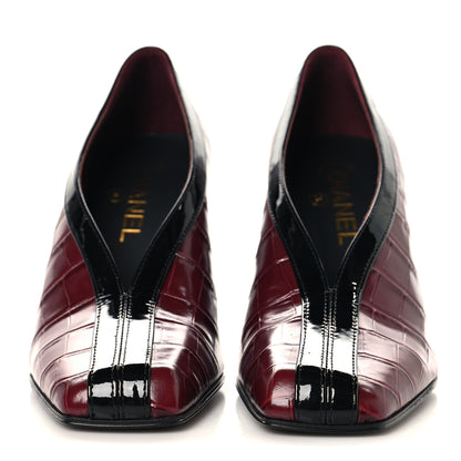 Chanel Crocodile Embossed Patent Calfskin Pumps 38.5 Burgundy Black 3 of 10