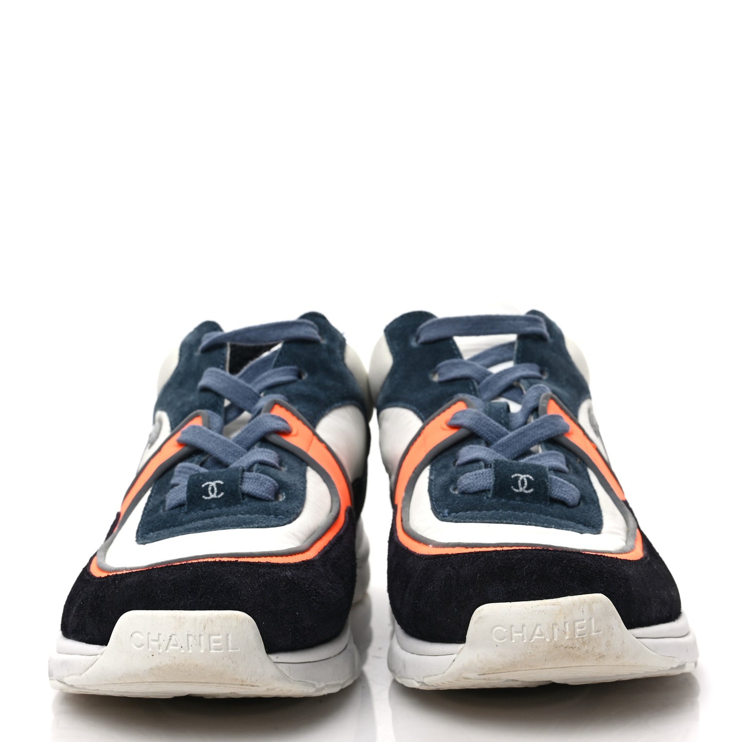 Nylon Calfskin Suede CC Womens Sneakers 39.5 Navy White Orange Black