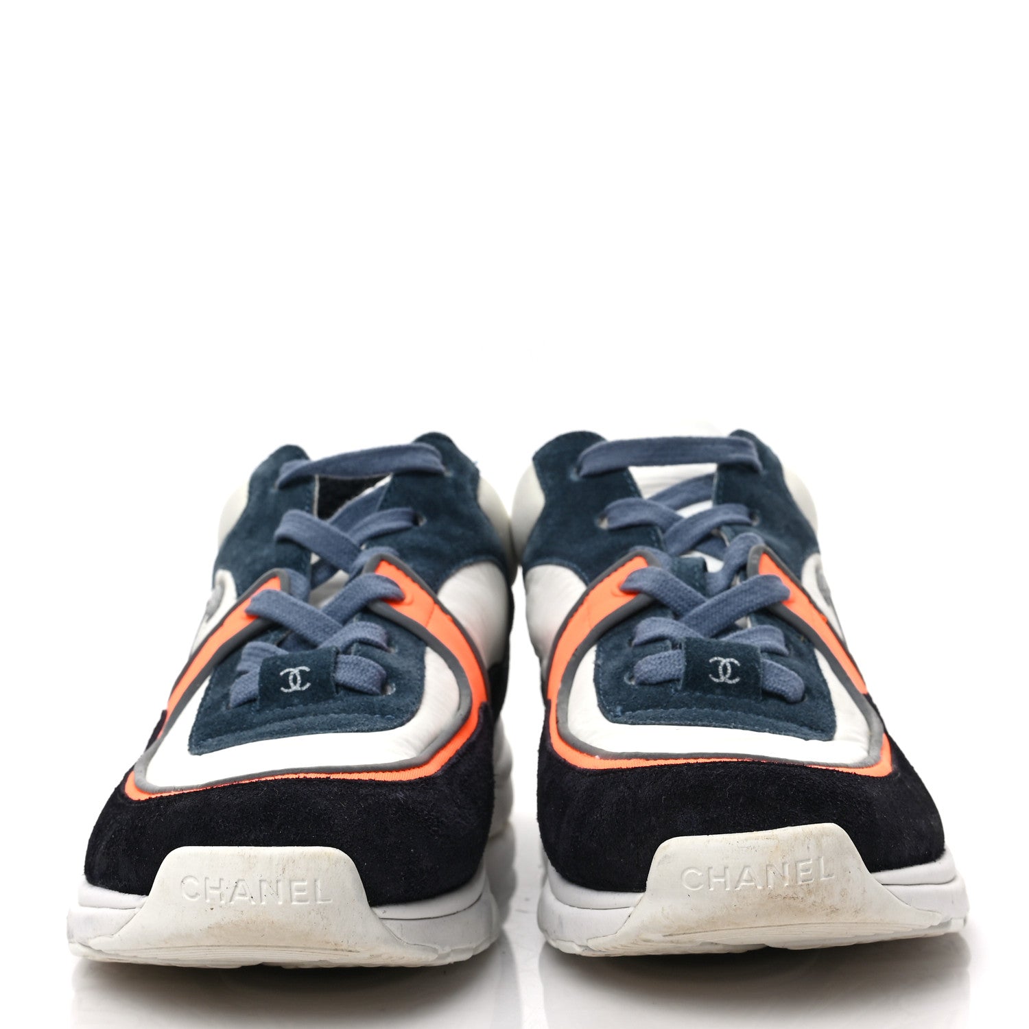 Chanel Nylon Calfskin Suede CC Womens Sneakers 39.5 Navy White Orange Black 2 of 7