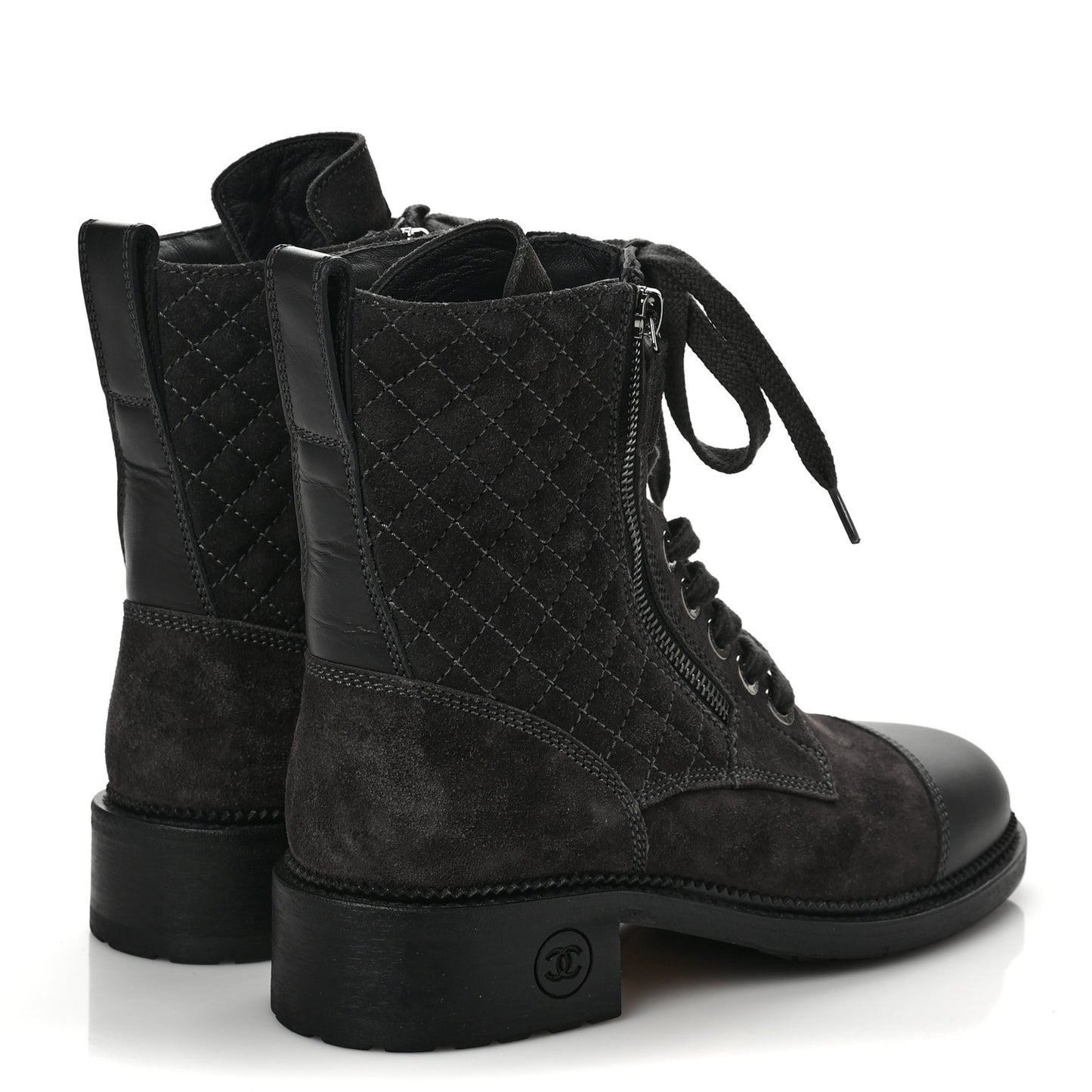 Suede Quilted CC Lace Up Combat Boots 38 Grey