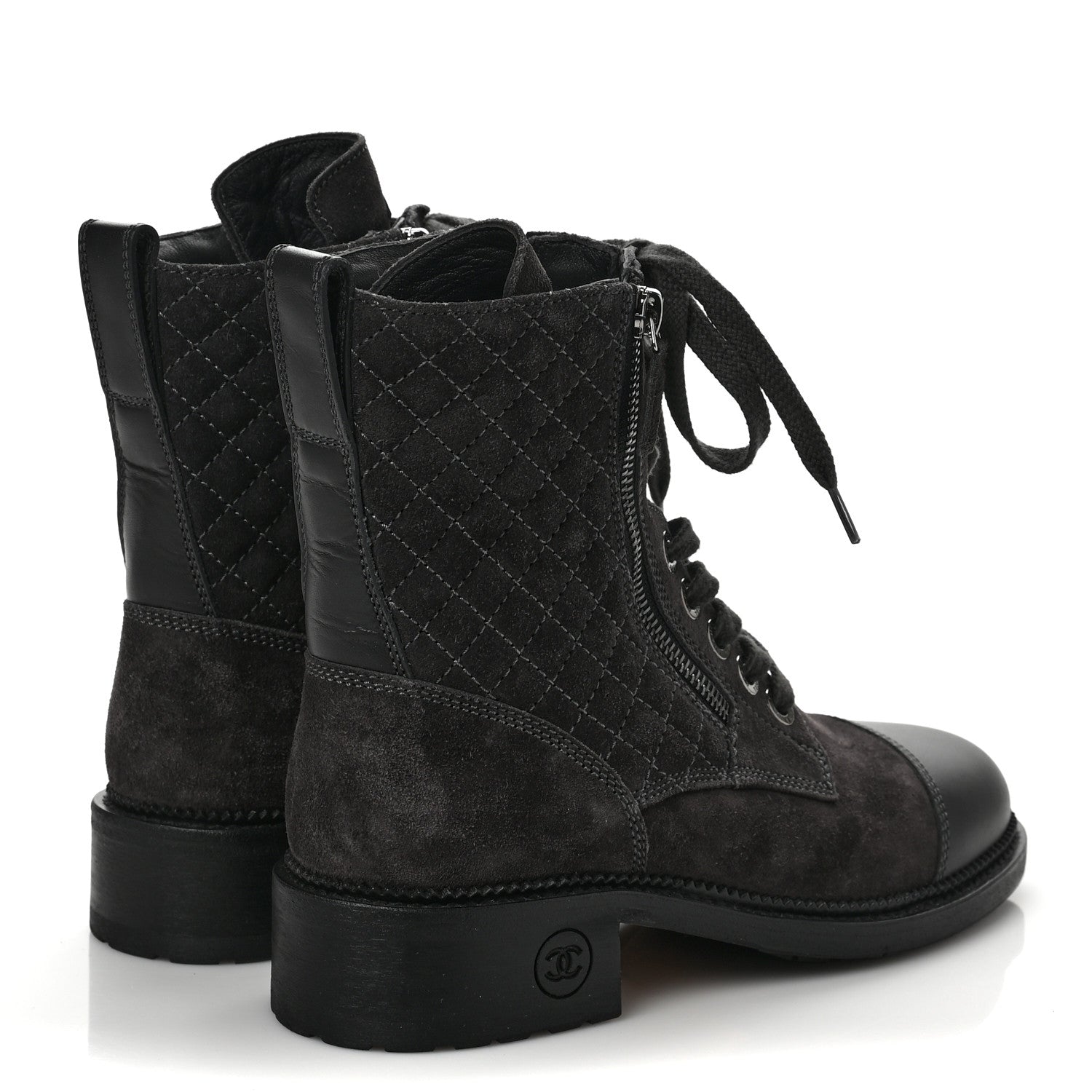 Chanel Suede Quilted CC Lace Up Combat Boots 38 Grey 4 of 6