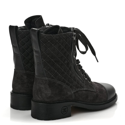 Chanel Suede Quilted CC Lace Up Combat Boots 38 Grey 4 of 6