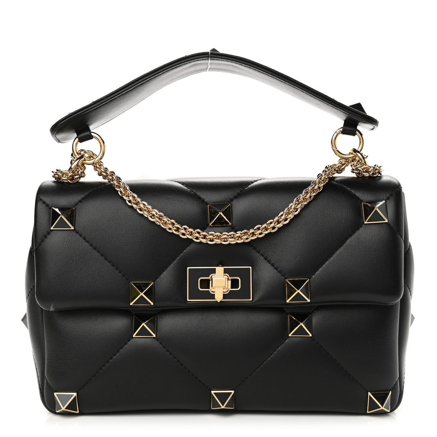 Nappa Enamel Medium Roman Stud Shoulder Bag Black